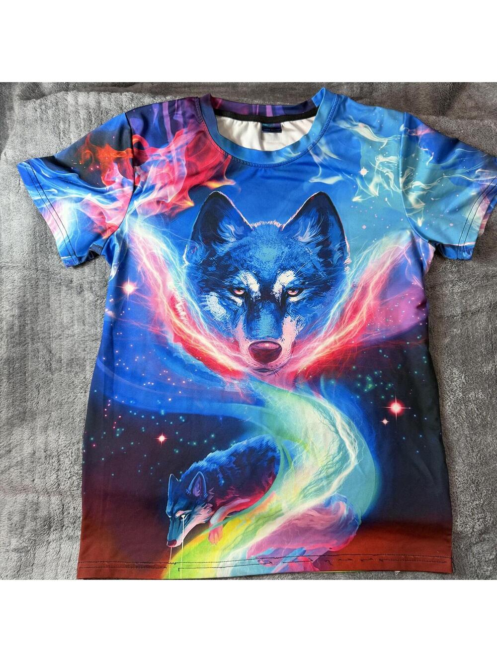 Kids Large All Over Print Colorful Wolf T-Shirt Space Galaxy Nature Art - USED